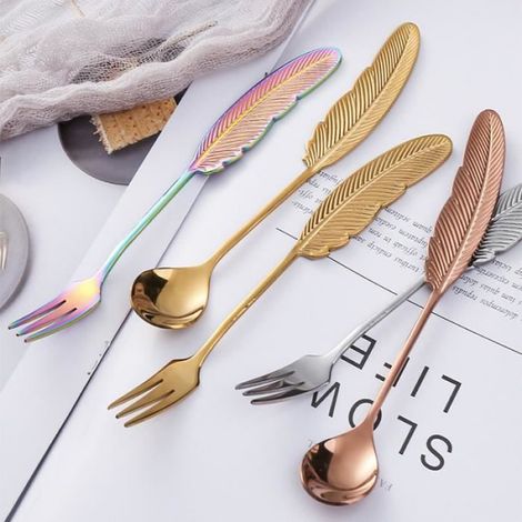 Cuillère à café, set cadeau de 4 pièces pour la table, fourchettes et cuillères (argent) (1/4)