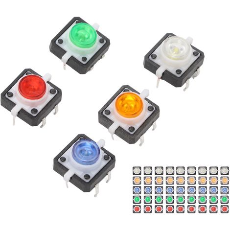 Lot de 50 mini-interrupteurs tactiles momentanés réinitialisables (rouge, jaune, bleu, vert, blanc) avec voyant LED, 12 V CC (1/5)