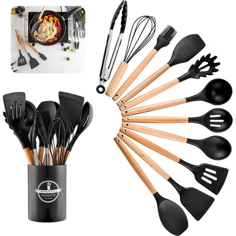 Lot de 12 Ustensiles de cuisine, Silicone et bois, Résistant chaleur, Anti-adhésif, Lave-vaisselle, Cuisine quotidienne (1/5)