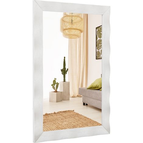 Specchio da parete cornice in legno di gomma superficie irregolare, Specchio rettangolare da 106x71,5cm Bianco (1/4)