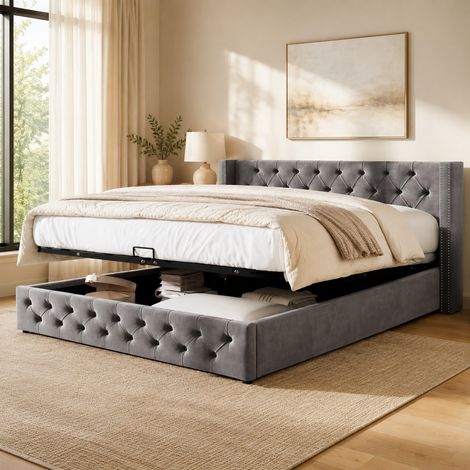 Cama canapé Chesterfield 140x190 cm de terciopelo gris con cabecero capitoné y apertura hidráulica (1/5)