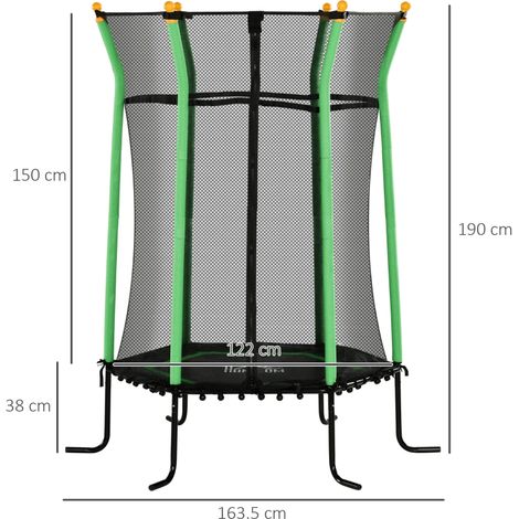 Trampoline enfant Ø163,5cm 3-10 ans, fermeture éclair poteaux rembourrés, filet sécurité vert 163,5x190 cm (1/4)