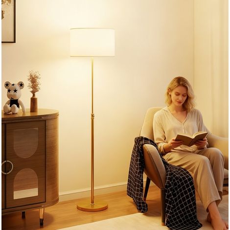 Höhenverstellbare Stehlampe mit Fernbedienung, Stoffschirm, Gold HAVRYA (1/5)