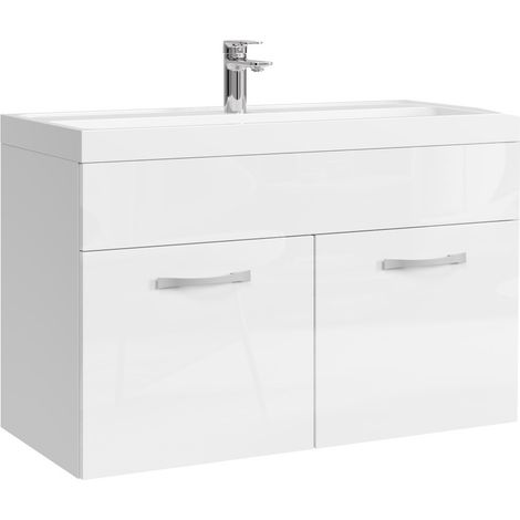 Badplaats – Meuble lave-mains 80 cm – Lavabo en marbre artificiel – 2 portes – Panneaux de particules – Montage facile avec accessoires inclus