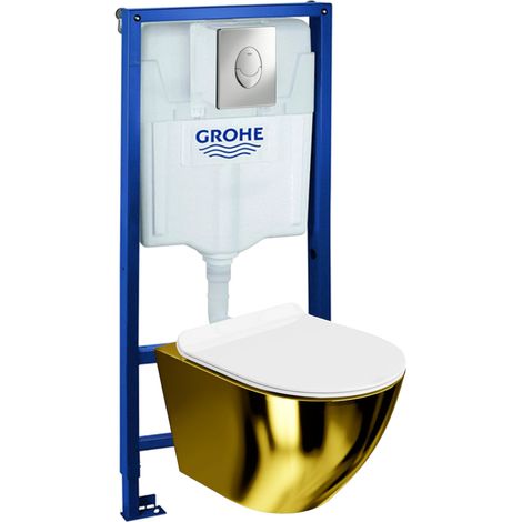 GROHE Bâti-support Skate Air + Lavita WC Sofi Slim Gold/White suspendu blanc/or sans bord + panneau de commande Delta 25 chromeKit comple