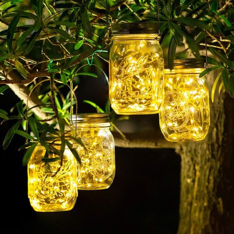 RHG Lot de 4 lampes solaires pour l'extérieur – 30 lanternes solaires LED à suspendre pour l'extérieur, résistantes aux intempéries, guirlandes solaires pour décoration de jardin extérieur, terrasse, (1/5)