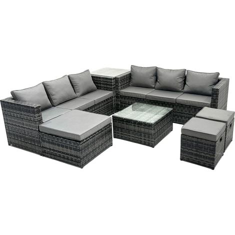 Fimous Outdoor Rattan Garden Furniture Set 9 Seater Patio Lounge Sofa Set with Square Coffee Table Side Table 3 Footstools Dark Grey Mixed (1/5)