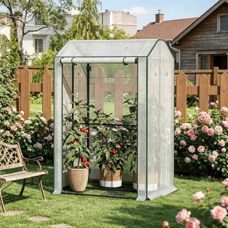 Invernadero 100x83x150 cm, puerta frontal enrollable con cremallera, 6 ventilaciones, PE y acero, blanco (1/5)