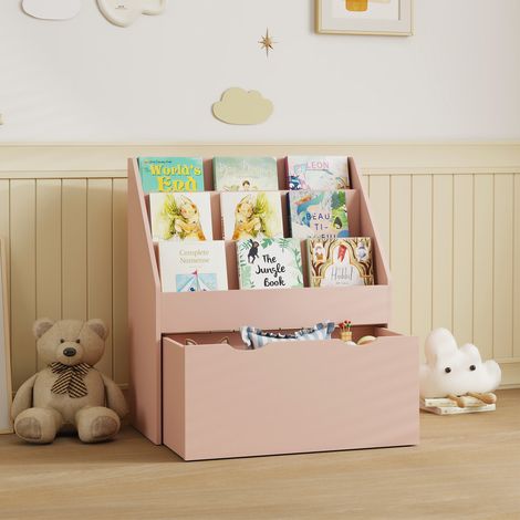 Bibliothèque pour enfants Multi-Rangement avec 3 niveaux d'étagères et un tiroir, 62,5L x 30l x 70H cm, rose (1/5)