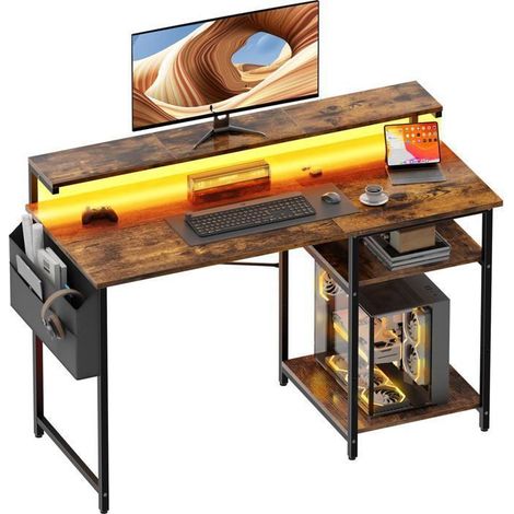 EcoFurnix gaming table with LED lighting and adjustable screen holder, 120 x 48 cm, with shelf, brown