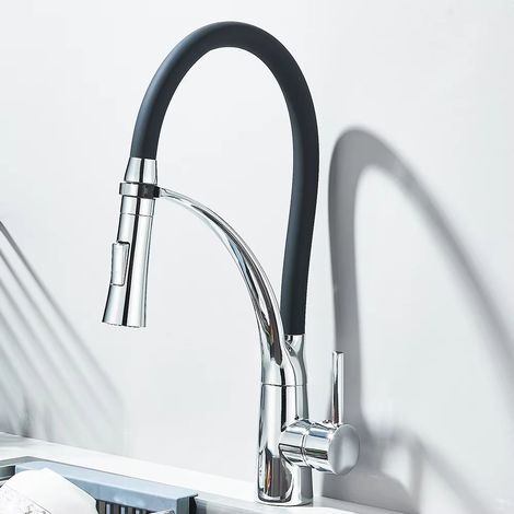 Robinet de cuisine extractible en caoutchouc - Douchette rétractable, mitigeur monocommande pour eau chaude/froide - Chrome