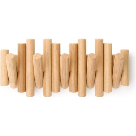 Wandgarderobe mit 5 abgeschrägten Kiefernholzhaken – Naturfarben – Maße: 37,1 x 16,5 x 4,4 cm – Tragkraft: 2,25 kg pro Haken