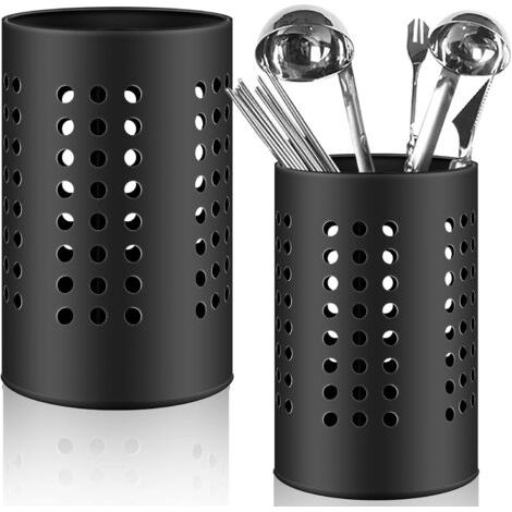 Lot de 2 porte-ustensiles de cuisine noirs - 18 x 12 cm et 16 x 10 cm - Égouttoir à couverts - Organisateur d'ustensiles de cuisine en acier inoxydable - Porte-cuillère de cuisine rond (1/5)