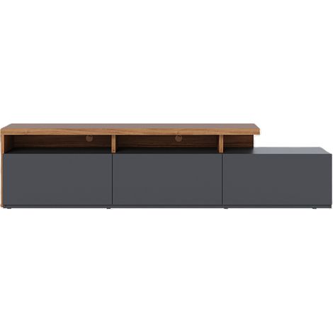 Meuble TV bas avec 3 tiroirs coloris bois et noir mat - Longueur 210 x Hauteur 51 x Profondeur 45 cm (1/5)