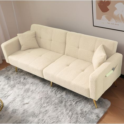 Divano letto 2 posti con schienale regolabile 105°/138°/180°, tasche laterali, beige DESVIAE (1/5)