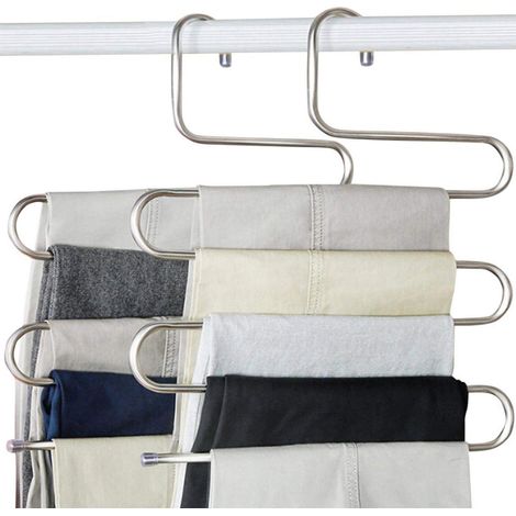 Lot de 4 cintres en acier inoxydable en forme de S pour pantalons, jeans, foulards - Zilverd (Lot de 4 avec 10 pinces) (1/5)