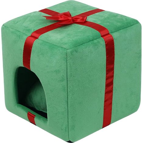 Lit Pour Chat - Maison Pour Animaux De Compagnie - Lit Chaud Hiver Automne - Boîte Cadeau De Noël Détachable - 35x35x35 cm - Vert (1/5)