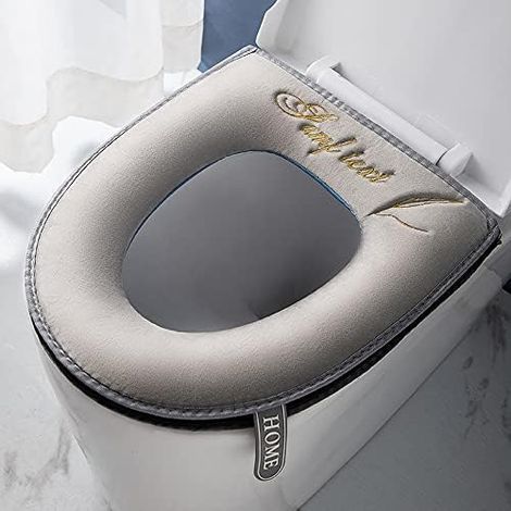 Stück (grau) weicher und dicker WC-Sitzbezug mit Griff für WC-Sitze - Waschbar - Passend für alle ovalen WC-Sitze (1/4)