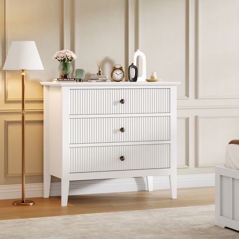 Commode De Chambre, Commode à 3 Tiroir, Meuble De Rangement en bois avec rainures verticales, Meuble TV, Armoire Moderne Pour Salon, Blanc (1/5)