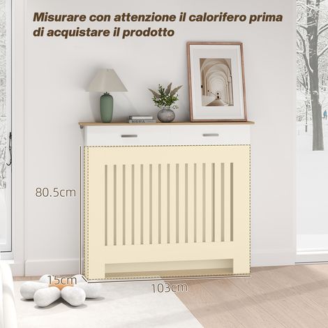 Radiateur sèche-serviettes en bois blanc, modèle à lattes antidérapantes, avec tiroir de rangement intégré, dimensions 112x19x97 cm, anti-bascule. (1/5)
