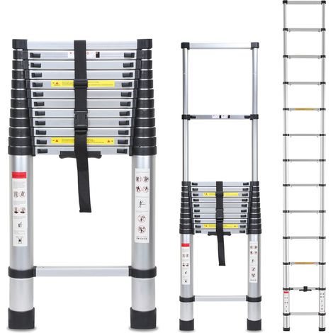 Jiubiaz Escalera telescópica Pro 5m, aluminio, 150kg, patas antideslizantes