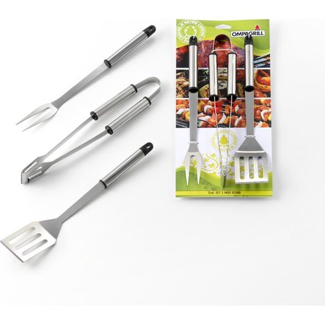 BBQ Edelstahl Werkzeugset 3-teilig - Schaufel, Gabel, Zange 36 cm