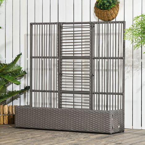 Jardinera con celosía, resistente a la intemperie, de poliratán, 103 x 29 x 103 cm, gris. (1/5)