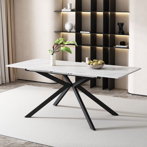 Esstisch 150/180x70x76 cm Schwarz Weiß MDF ausziehbar mit Kreuzbein-Design und Marmoroptik (1/5)