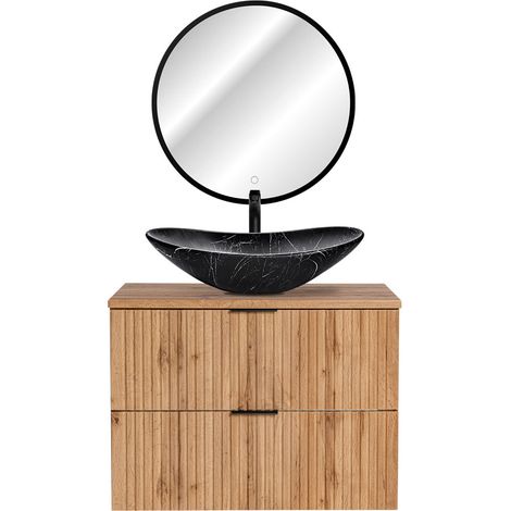 Badmöbel Set Wotaneiche Rillenoptik Keramik Waschtisch, LED-Spiegel schwarz mit Touch, B/H/T 80,6/200/46,5 cm (1/5)