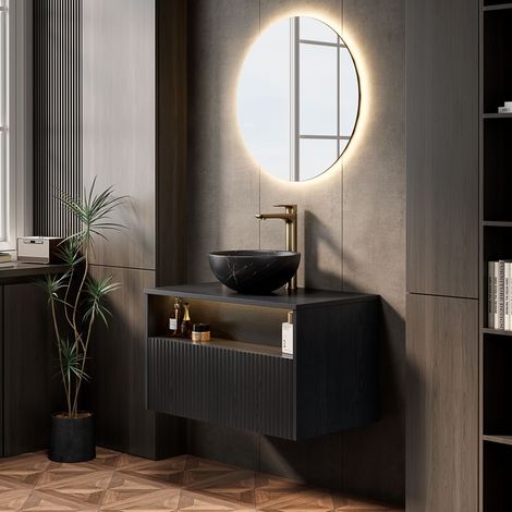 DESMIU Meuble sous vasque suspendu avec vasque, 1 tiroir et niche, éclairage LED à détecteur, noir, 80.0 × 46.0 × 60.8 cm (1/4)