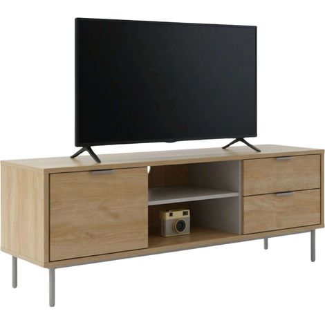 Mueble TV Sforza 2 Cajones Roble Natural, 120 cm (Ancho) para Tv 50 pulgadas Salón Comedor