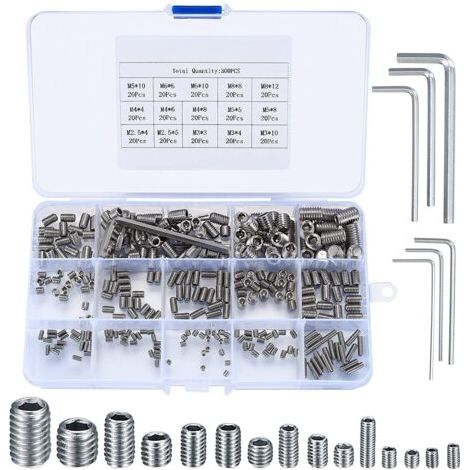 300 Pièces Vis Sans Tête Hexagonale, M2.5/M3/M4/M5/M6/M8 Vis Filetée Internes, Assortiment Kit de Fixations Vis Pointeau pour Poignées de Porte, avec Clé Allen - Argent