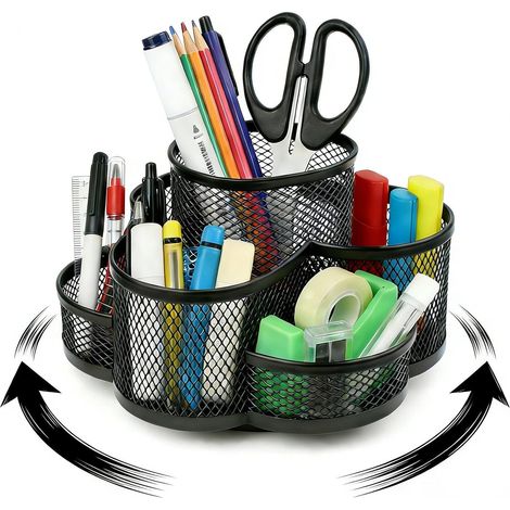 Organiseur de bureau noir, Porte-stylos rotatif, Avec coussinets antidérapants et 7 compartiments, En maille métallique (1/5)