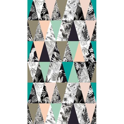 Creative, rideau imprimé motifs triangles colorés et oiseaux noir et blanc 140x245 cm, 1 pièce (1/2)