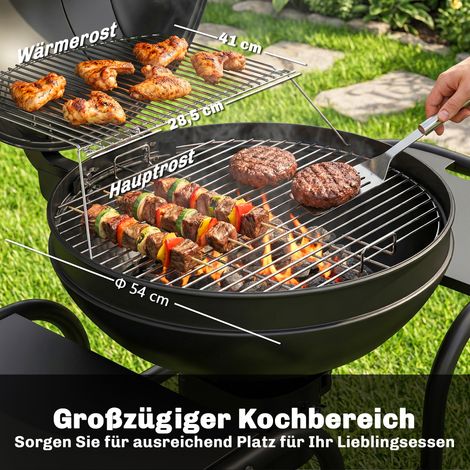 Barbecue fumoir au charbon de bois avec étagères latérales, couvercle, thermomètre et roues, 129 x 63,5 x 106,5 cm (1/4)