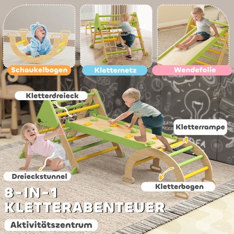 Structure d'escalade Montessori 8-en-1 intérieure, triangle en bois avec arche, toboggan réversible vert