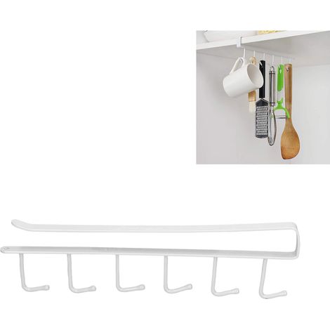 Porte-tasses multifonctionnel à 6 crochets pour cuisine, rangement sans clous, support pour spatules, blanc (1/5)