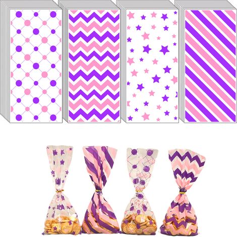 Sac Cellophane - 27 x 13 cm - Imprimé Rayures Points - Avec Liens Torsadés Dorés - 50 Pièces (1/5)