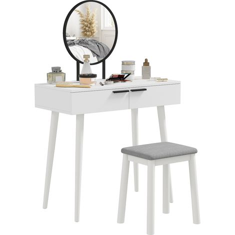 Stylish White Makeup Vanity Table Set with Round Mirror and Stool,2 Drawer Design for Bedroom and Living Room,80x40x123cm