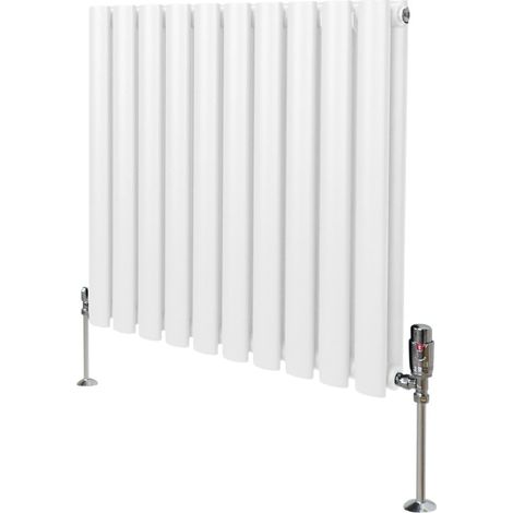 Radiatore a colonna ovale 600 mm x 600 mm e valvole cromate TRV Designer Doppio pannello Termosifone Bianco Acciaio Orizzontale Inclusi Spazzola per la pulizia Kit di fissaggio e staffe