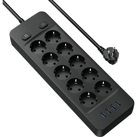 Multiprise Electrique 4000W Multiprise 10 Prises avec 4 Ports USB Bloc Multiprise Parafoudre Surtension avec Interrupteur Câble 2M (1/4)
