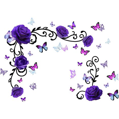 Sticker mural décoratif avec roses violettes et papillons, style floral élégant avec branches noires arabesquées, idéal pour salon, chambre, vitrine ou studio esthétique - 95 x 70 cm (1/5)
