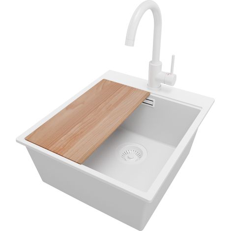 PRIMAGRAN Evier Cuisine en Granit 43x50cm, Lavabo 1 bac + Robinet 32x20cm + Kit de Vidage + Accessoire, Évier à Encastrer au meuble 45cm - Oslo, Tout Blanc (1/5)