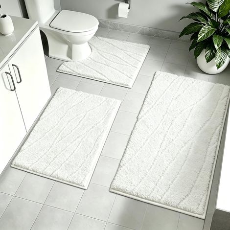 Tapis de Bain 3 Pièces Microfibre Tapis Salle de Bain Absorbant Antiderapant Lavables Tapis Salle de Bain et Tapis Toilette de Douche, Baignoire, Décoration WC(Blanc) (1/5)