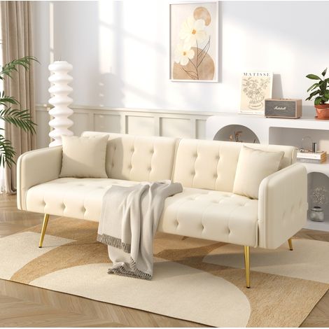 Canapé convertible 2 places velours beige OKMYHOME (1/5)