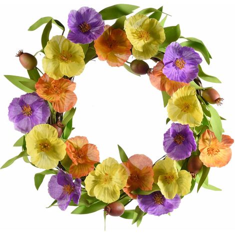 Couronnes printanières de coquelicots artificiels avec feuilles et boutons, lot de 2, diam. 33 cm, intérieur diam. 22