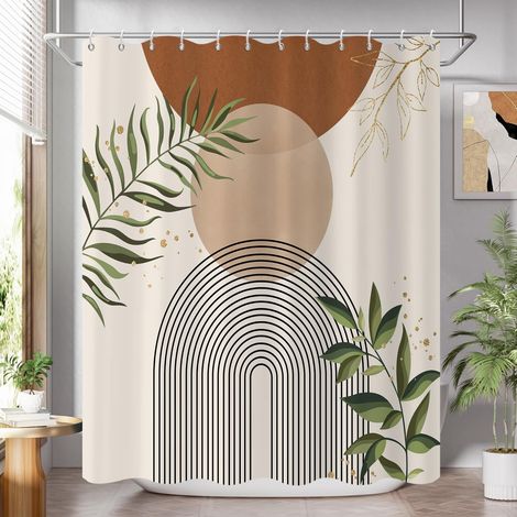 Rideau de Douche, 180x200cm, Marron Kaki Boho Milieu du Siècle Moderne Abstrait Arc Soleil Géométrique Plante Botanique Tissu Pmperméable Machine Lavable Rideau de Salle de Bain avec Crochets (1/5)