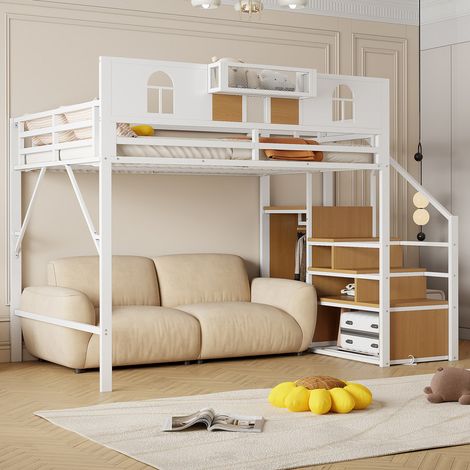 Lit mezzanine en métal 140x200 cm - avec échelle de rangement - avec barrières de sécurité - avec compartiments de rangement - blanc (matelas non inclus)