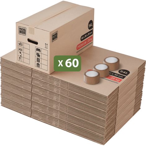 Pack and Move - Lot 60 Cartons Déménagement Premium - 60 X 30 X 30 - Extrême Résistance 20KG - Réutilisable - Poignées Renforcées - 3 Adhésifs Offerts