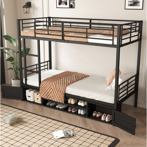 Letto a castello bambini 90x200 cm in ferro con scala laterale, sponda anticaduta e portascarpe, nero (1/5)